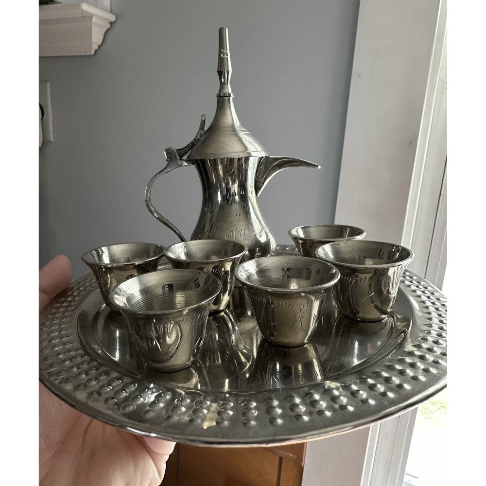 Miniature Arabic Dallah Coffee Teapot & Cup Set‎ Stainless Steel 8 Pieces